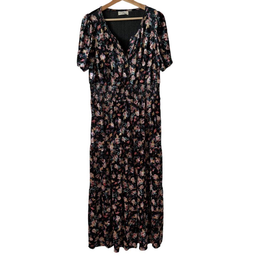 Natural Life Sz L Floral Velveteen Maxi Dress Tiered Short Sleeve Pull Over Long